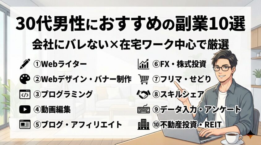30代男性におすすめの副業10選|会社にバレない×在宅ワーク中心で厳選