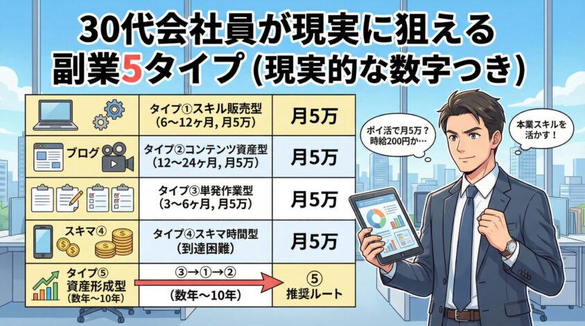 30代会社員が現実に狙える副業5タイプ（現実的な数字つき）