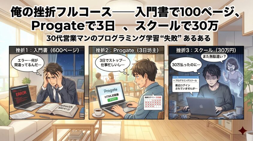 俺の挫折フルコース&mdash;&mdash;入門書で100ページ、Progateで3日、スクールで30万